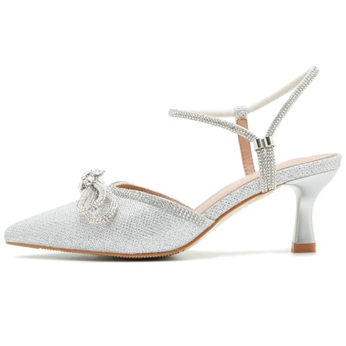 Women's Rhinstone Wedding Low Heel Slingback Kitten Heels, Adjustable Strap Pointed Toe Bow Pumps Prom Dress Shoes4