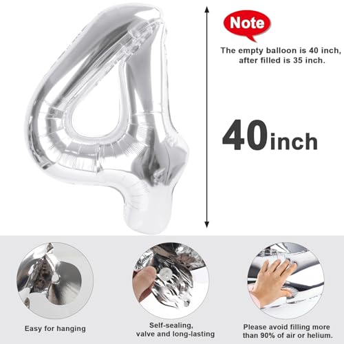 Image of 4 Balloon Numbers Birthday Decorations, 40In Silver Balloons for Men Women | Eye-catching Appearance, Perfect Decorative Centerpieces, Convenient Self-sealing Structure, Widely for Various Occasions