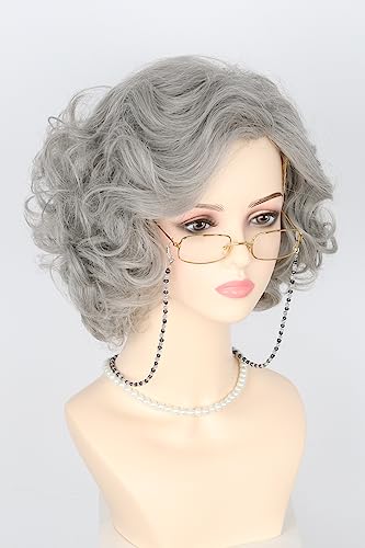 LeMarnia 5Piece Old Lady Costume Wig Grey Short Curly Layered Wig for Cosplay Party Halloween Costume - Image 3