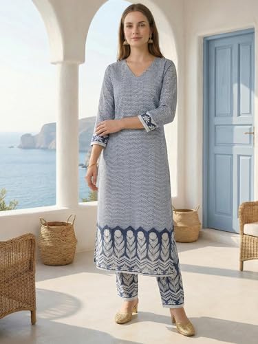 Image of INDO ERA Women's Pure Cotton Chevron Printed Straight Kurta & Pant Set | Kurta Set For Women