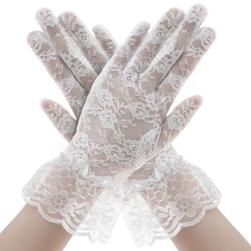 Weiße Spitzenhandschuhe Damen Elegante Braut- & Prinzessinnenhandschuhe für Hochzeiten/Kostümpartys - Netz-Lace Halloween Accessoires, Kurze...