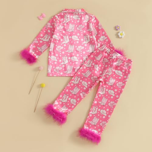 Western Baby Girl Silk Pajamas Set Cowgirl Button Down Short Sleeve Shirts Tops Shorts 2 Piece Satin Pj Lounge Set3