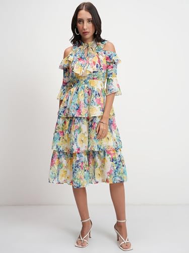 Image of Tokyo Talkies Women's Graceful Floral Ruffle Short Dress with Elegant Elbow-Below Sleeves Perfect for Brunches, Vacations & Stylish Outings