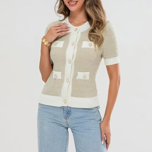 Image of Womens Short Sleeve Button Down Cardigans Sweater Cropped Lightweight Crew Neck Elegant Knit Tops with Pockets