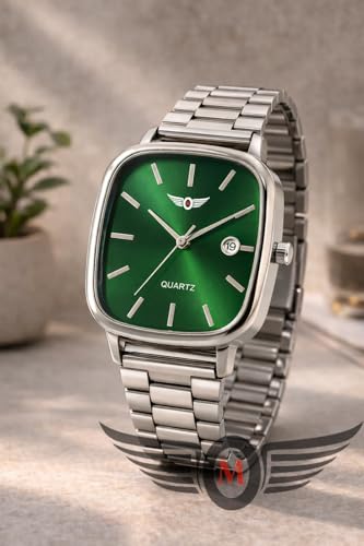 Image of Minimalist Men's Square Dial Watch with Date | Comfortable Stainless Steel Quartz Analog Wristwatch | Casual & Formal Timepiece