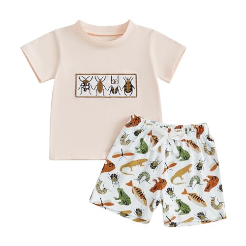 YINGISFITM Toddler Baby Boy Summer Clothes Insect Print Short Sleeve T-Shirt Tops + Casual Shorts Sets Cute Outfits (Beige Insect, 2-3T)