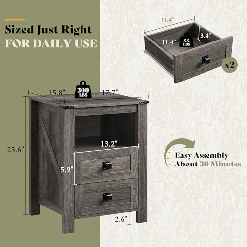 Image of AMERLIFE Farmhouse Nightstand Set of 2, Wooden Side Table with Drawers & Open Shelf, Narrow /Small Bedside End Table, Wood Night Stand for Bedroom /Dorm /Home Office, Rustic Grey Oak