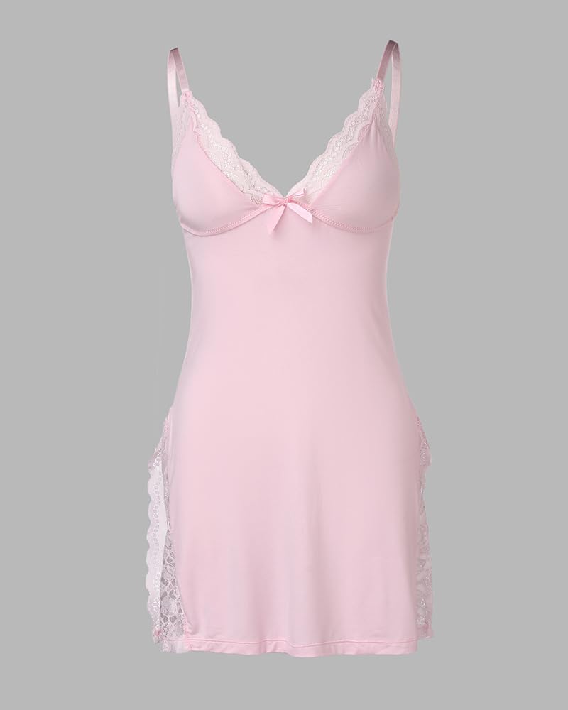 CHICME Women's Lace Trim Side Slit Modal Cami Sleep Dress Loungewear Cute Night Gowns for Women: Pink Small
