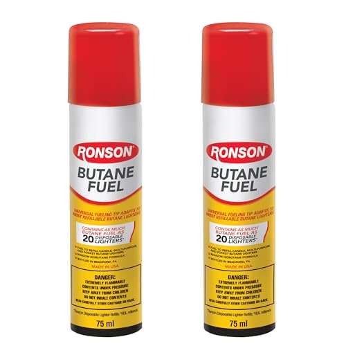 Ronson Butane Fuel Refill 75ml – Pack of 2 – Universal Lighter Fluid Refill for Torch, Kitchen, and Utility Lighters – Clean Burning Butane Gas for Refillable Lighters