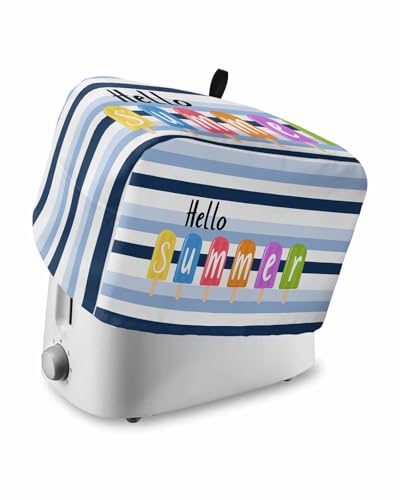 Hello Summer Toaster Cover 2 Slice, Watercolor Blue Striped Colorful Ice Cream Dustproof Bread Machine Oven Cover with Storage Pockets, Fits Most Kitchen Toasters Protector