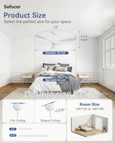 Image of Sofucor 52 In Smart Ceiling Fan No Light & Plastic Blade for Indoor Outdoor