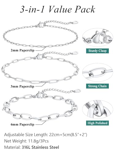 Image of FaithHeart Waterproof Ankle Bracelets for Women, 1 /2 /3Pcs Non Tarnish Stainless Steel Layered Anklet Set Paperclip Figaro Cuban Link Chain Dainty Summer Beach Jewelry Gift Adjustable Size