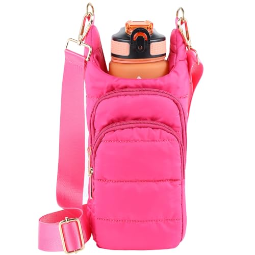 Dealkion Water Bottle Holder with Strap Water Bottle Carrier Bag with Strap Quilted Puffer Sling Purse Crossbody Bags for Women Walking Hiking Cycling