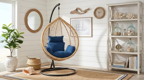 Image of UNIVERSAL FURNITURE Hanging Egg Swing Chair with Stand, Woven Wicker Rattan Style Swing with Cushion, Freestanding Indoor Outdoor Hanging Chair for Patio, Balcony, Garden & Porch (Beige & Blue)