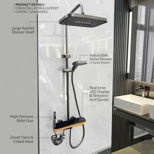 Image of X-XONIER Luxury thermostat Shower set System 4in1 shower panel with large Overhead Shower+3 Ways Hand Held, 2 way biget, Hidden Tub Spout,+Sun Shine Big light, digital temperature display