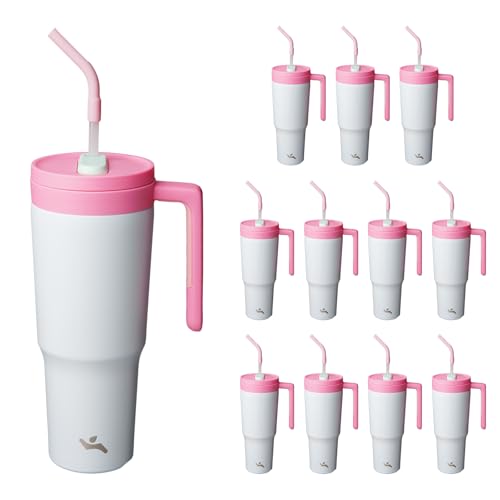 Image of Konokyo 12 Pack 40 Oz Tumblers with Handle and Straw, Bulk Vacuum Insulated Stainless Steel Travel Mugs with Lids for Office, Events and Group Orders Pink Grey