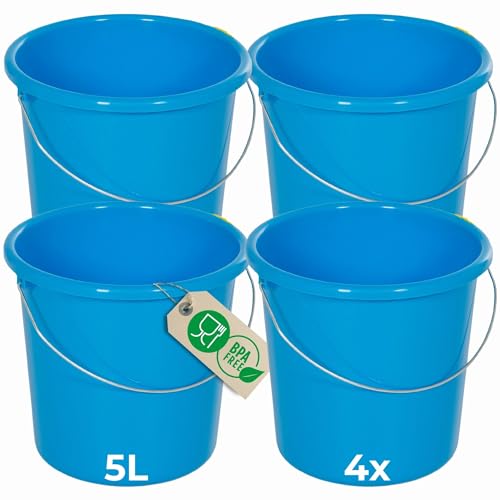 Novaliv Lot de 4 seaux de 5 l bleu avec graduation dimensionnelle - Seau de nettoyage de 5 litres ? 22,5 cm - Pratique et polyvalent avec graduation pour la maison et le jardin - Idéal comme seau