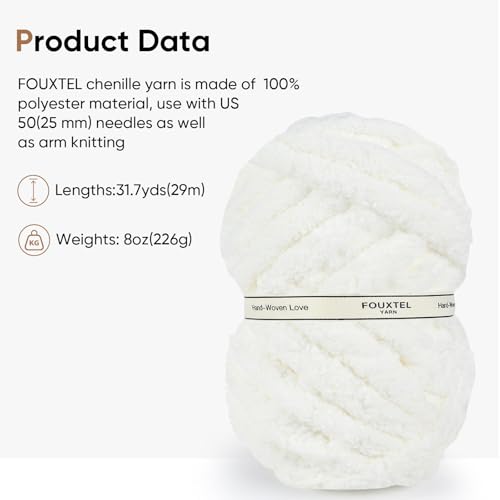 Image of 8 Jumbo Packs Chunky Chenille Yarn for Crocheting, 31.7 yds, 8 oz Each Skein Bulky Thick Fluffy Yarn for Knitting, Super Bulky Chunky Yarn for Hand Knitting Blanket, Soft Plush - Cream