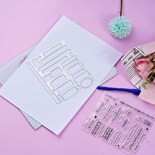 Sucrain 2pcs Metal Dies Cut and Clear Silicone Stamp, for Card Making Paper Craft Scrapbooking Album DIY, Sentiment Words Stencils Carbon Steel Embossing Template - Thumbnail 4