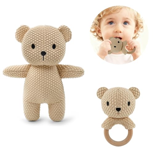 Image of 10" Crochet Bear Stuffed Animal with Rattle, Pure Cotton Soft Crochet Doll Plush Toy for Newborn, Handmade Baby Shower Gift & First Birthday Gift