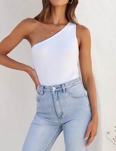 ZESICA Women's One Shoulder Tank Summer Sleeveless T Shirt Ribbed Knit Slim Fit Sexy Casual Basic Tee Tops2