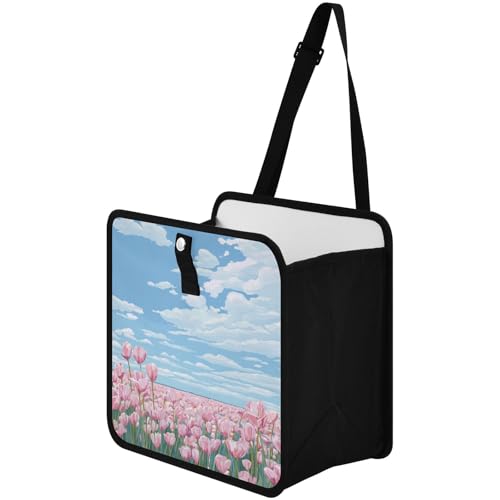Image of Car Trash Can Organizer Bin with Adjustable Strap for Back Front Seat Console Waterproof Leakproof Collapsible Portable 11 Inch Pink Tulip Field and Blue Sky