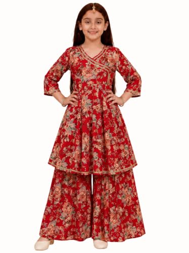 Image of Preneum Girls's Cotton Rayon Gota Pati Floral Printed Angrakha Kurta with Sharara