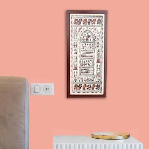 Image of Bhumee Creations Hand Printed Brown Saura Tribal Painting on Tussar Silk | Framed Artwork | Size 22 Inches X 10 Inches