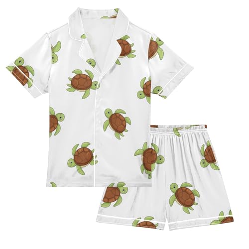 Satin Pajama Sets Short Sleeve Turtle Pattern Print Design_1 Button Down Silky Nightwear 2 Piece PJS 5-14Y