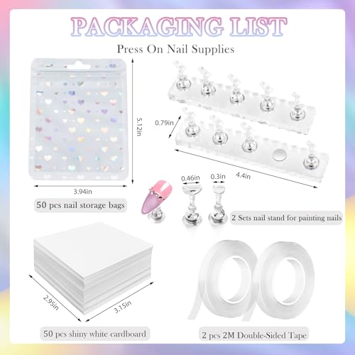 Image of 50 PCS Nails Packaging Bags with Nail Stand for Fake Nail, Holographic Press On Nail Storage Container Nail Art Kit for Diy Design,Nail Cardboards with 2 Double-sided Tape Salon Home White