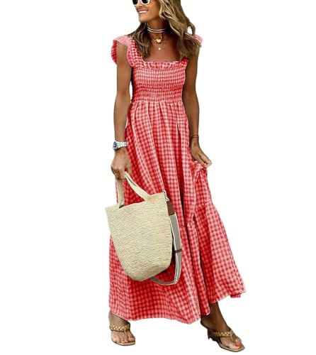 Image of ebossy Women's Fashion Plaid Dress Sleeveless Smocked Ruffle Pleated Boho Party Beach Gingham Maxi Dresses