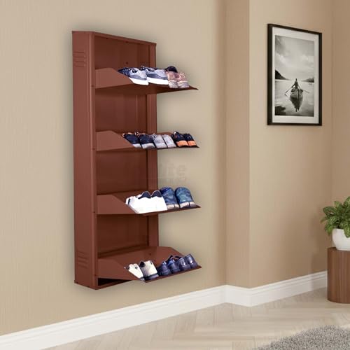 Image of DELITE KOM 20 Inch Wide, 4 Shelf Metal Shoe Rack Wall Mounted for Home with Central Lock | Holds Upto 10 Shoes or 16 Slippers Pair | 1 Year Warranty | (54 x 20 x 5 Inch, Coffee) | DIY | Space Saving