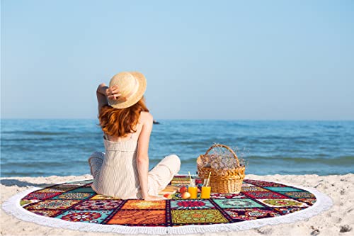 Mandala Large Round Beach Towel Tassels Microfiber Quick Dry Sand Free Thick Boho Bohemian Printed Throw Beach Blanket Hippy Gypsy Roundie Towel Circle Meditation Rug Tapestry-Geometric Mandala, 59" #TOP3