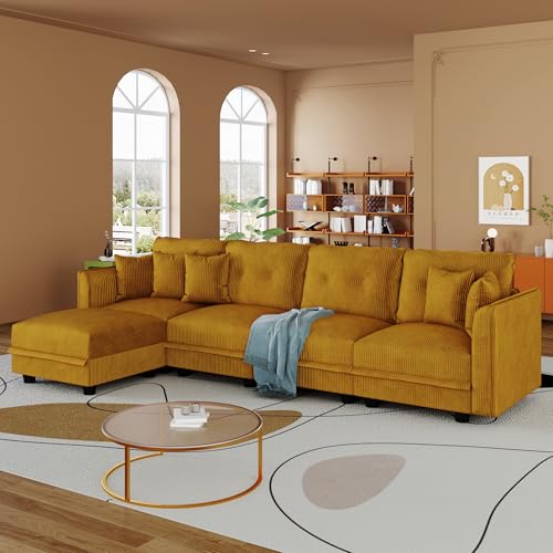 Image of LLappuil 112 inch Modular Sectional Sofa with Storage, L-Shaped 5-Seat Corduroy Couch with 4 Throw Pillows, Pet-Friendly Convertible Sofa for Small Living Room & Apartment, Skin-Friendly, Yellow