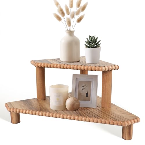 MITREL 2-Tier Rustic Corner Shelf for Kitchen Counter Wood Beaded Farmhouse Countertop Organizer with Removable Feet Stackable Bathroom Vanity & Coffee Bar Decorative Riser Stand(Rustic Brown)
