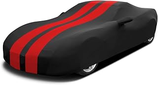 Cubierta de Coche Interior, Funda de Coche Deportivos Tela Elástico de Terciopelo Suave,Antipolvo Transpirable para Garaje Subterráneo,Show/Exhibición de Autos, L4.5~4.85m,Rayas Rojas+Negro