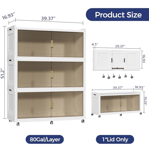 Image of 240 Gallon Extra Large Collapsible Storage Bin with Lid, 960QT Stackable Plastic Organizer with 6x Wheels, Foldable Drawer Cabinet for Closet, Living Room Office, Kitchen 3Pack, White