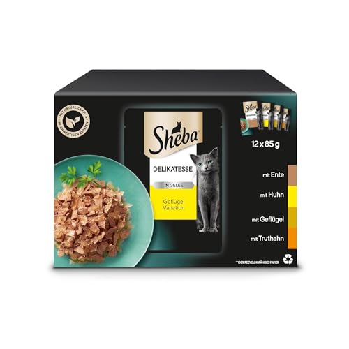 SHEBA Katzenfutter nass - 48x85g Portionsbeutel - Geflügel Variation in Gelee - Nassfutter für Katzen - 1 Großpackung