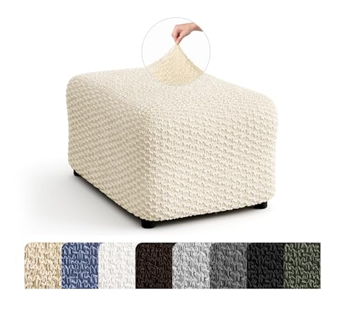 PAULATO BY GA.I.CO. Stretch Ottoman Slipcover 1-Piece – Bi-Elastic Foot Stool Cover for Square or Rectangle Pouf – Furniture Protector Machine Washable – Cream (Medium)