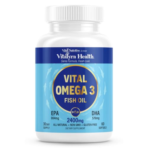 Vital Omega 3 Fish Oil Supplements 2400mg | 864mg EPA & 576mg DHA | 1440mg Total Omega-3 Fatty Acids | Promotes Brain & Heart Health | Non-GMO Gluten-Free| Lemon | 30 Day Servings