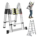 12.5FT Telescopic Folding Ladder Extension Aluminum 1.9m+1.9m A-Frame 3.8m Straight Ladder Telescoping Portable Multi-Purpose with Stabilizer Bar for Building Maintenance Window Cleaning Decoration