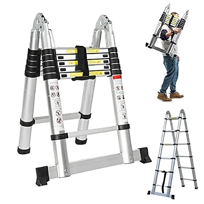 12.5FT Telescopic Folding Ladder Extension Aluminum 1.9m+1.9m A-Frame 3.8m Straight Ladder Telescoping Portable Multi-Purpose with Stabilizer Bar for Building Maintenance Window Cleaning Decoration