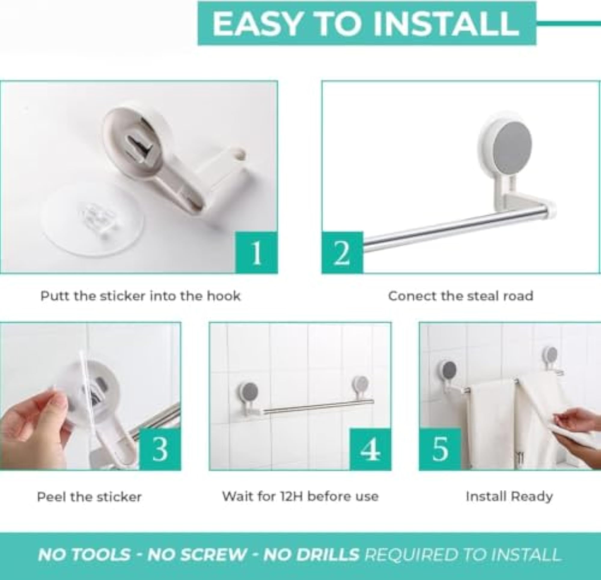 Stainless Steel Wall Mounted Towel Rack, Self Adhesive Holder