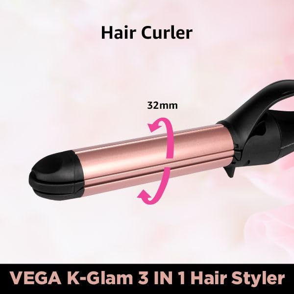 VEGA K-Glam Advanced 3 In 1 Hair Styler With Adjustable Temperature & Heat Protection Covers- Straightener, Curler & Crimper (VHSCC-04) Rose Gold - Image 6