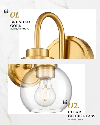 Image of Brushed Gold Wall Sconces Set of 2 with Globe Clear Glass Shade | Modern design, hardwired, E26 socket, suited for bathroom mirror side, bedside, hallway, or entryway, AD-22280-1W2-GD