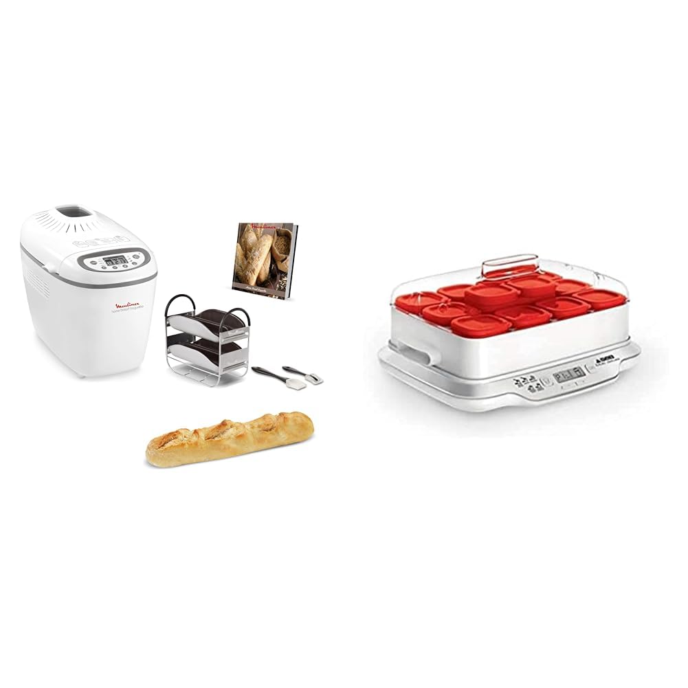 Moulinex Home Bread Baguette Machine à pain, 16 programmes, Résultats homogènes, Jusqu'à 1,5 kg de pain frais & Seb Yaourtière 12 pots, Pots verre 140 ml, 5 programmes automatiques, Sans BPA, Compact