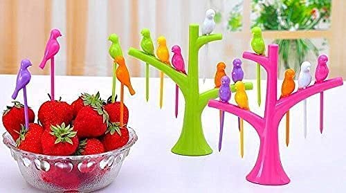 Hi-Res Birdie Plastic Fruit Fork Set with Stand, 6-Pieces, Multicolour (1)
