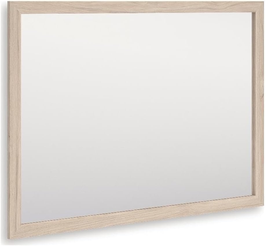 BOWERY HILL Contemporary Bedroom Mirror, 38.86" W x 27.68" H, Engineered Wood Frame, Beige Oak Grain Finish, Decorative Wall or Dresser Mounted Mirror for Bedroom Decor