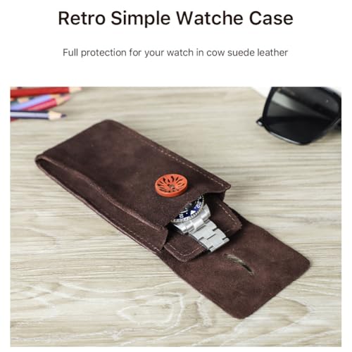Image of CONTACT'S FAMILY Leather Watch Travel Case for 1 Watch (Coffee) | Genuine suede leather, snap button closure, soft lining, ultra-compact 46g, vintage design, Valentine's gift for men.