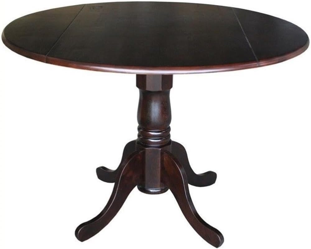 IC International Concepts, 42" Round Dual Drop Leaf Pedestal Dining Table, Solid Real Wood, Sturdy Parawood, Rich Mocha
